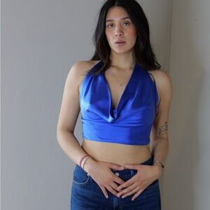 Zara Satin Cowl Halter Crop Top in Royal Blue